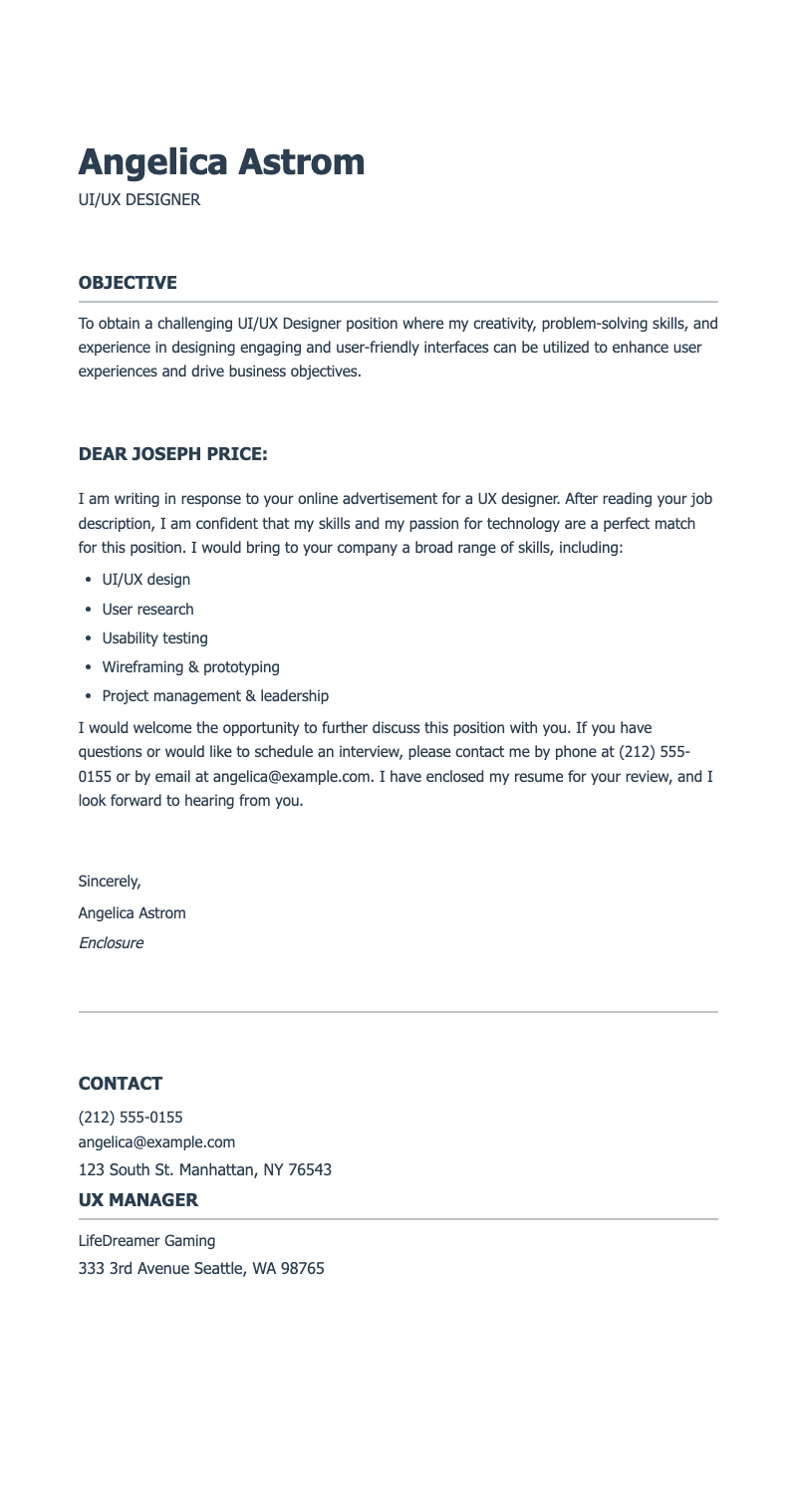 Simple UIUX designer cover letter - Clean job application letter showcasing design skills. Ideal for UI/UX professionals targeting tech roles.